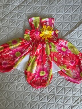 Bonnie Baby Pink, Green & Yellow Floral Sundress with Flower Accent